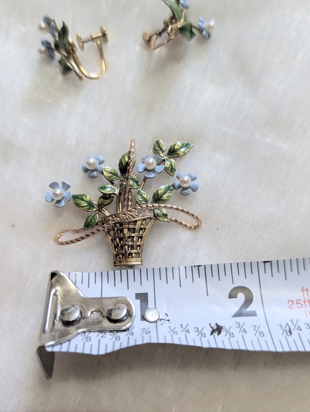 60s Krementz Forget-Me-Not Cultured Pearl Earrings & Pin Brooch Set - Picture 9 of 10